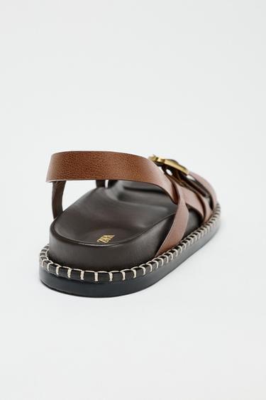 FLAT LEATHER SANDALS WITH CRISS-CROSS STRAPS - Brown by Zara - Image 7