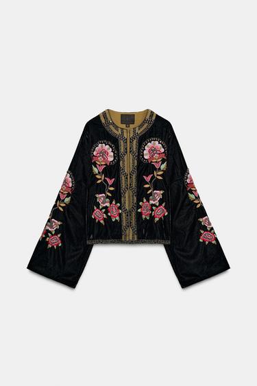 VELVET JACKET WITH FLORAL EMBROIDERY AND BEADS - Black by Zara