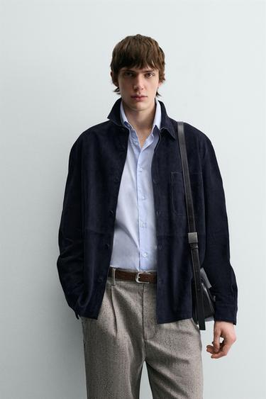 Zara SUEDE LEATHER OVERSHIRT - Navy blue