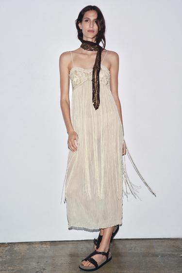 EMBROIDERED FRINGED COMBINATION DRESS - Oyster-white by Zara - Image 4