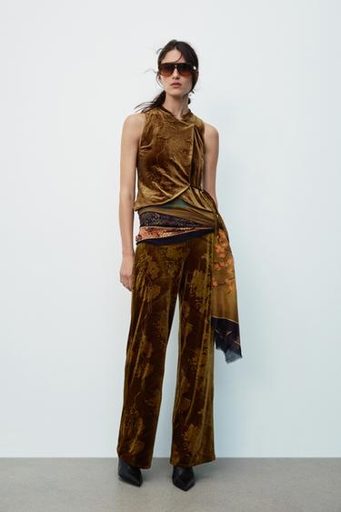 PRINTED VELVET TROUSERS - Brown / Green by Zara - Image 0