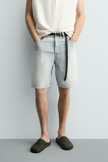 VINTAGE-EFFECT FADED STRAIGHT-LEG DENIM BERMUDA SHORTS - Light blue by Zara