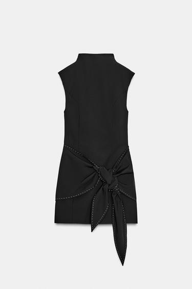 Zara SHORT TOPSTITCH TIE DRESS - Black