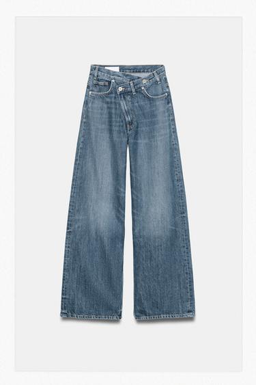 JEANS TRF WIDE LEG TAILLE HAUTE CROISÉE - Bleu / Gris de Zara