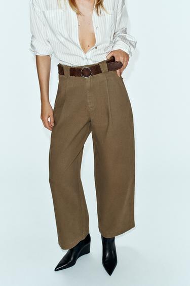 WIDE-LEG PLEATED BELTED PANTS — Mid khaki 1