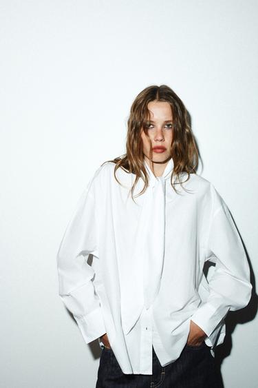 OVERSIZE POPLIN SHIRT WITH LACE-TRIMMED TIE - White by Zara