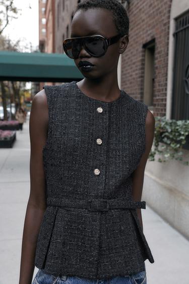 Zara METALLIC THREAD BELTED TEXTURED VEST - Blue green