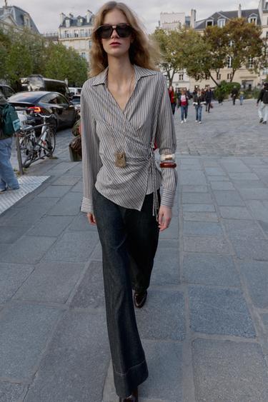 Zara 交叉條紋綁帶襯衫 - 斑紋灰色