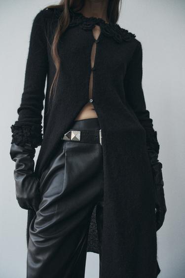 Zara FLORAL CROCHET KNIT CARDIGAN - Black