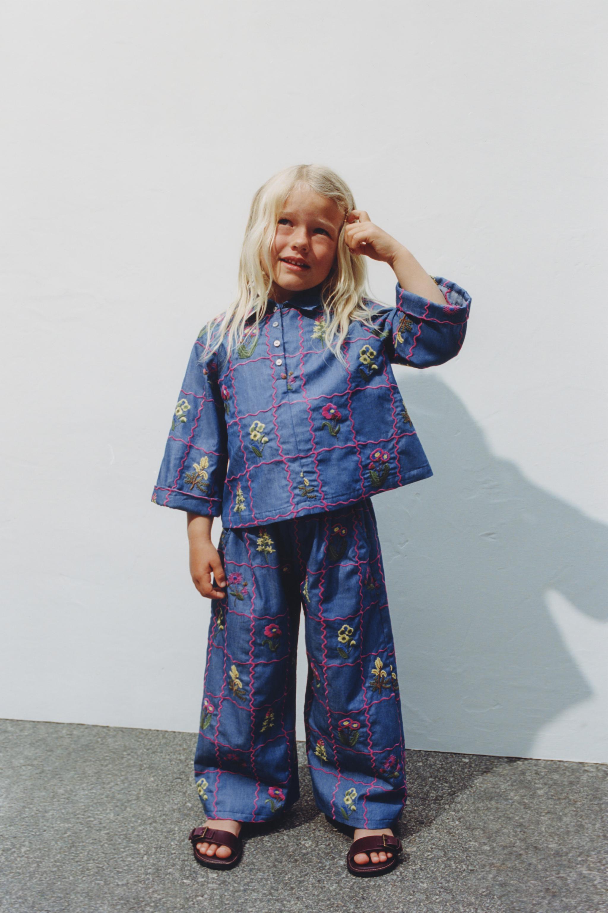 EMBROIDERED WIDE LEG PANTS — Indigo