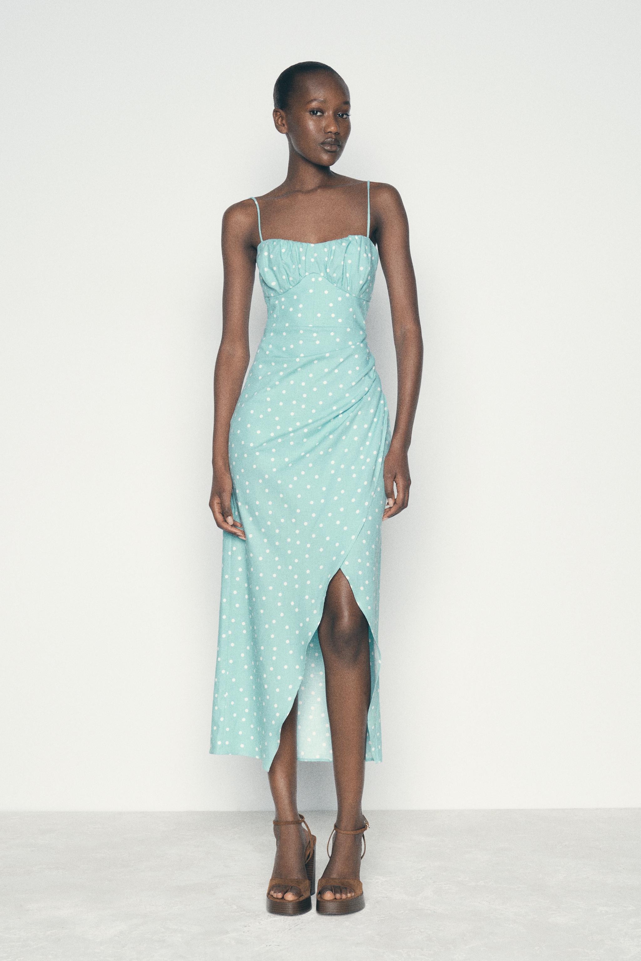 LINEN BLEND POLKA DOT MIDI DRESS - Light turquoise | ZARA United States