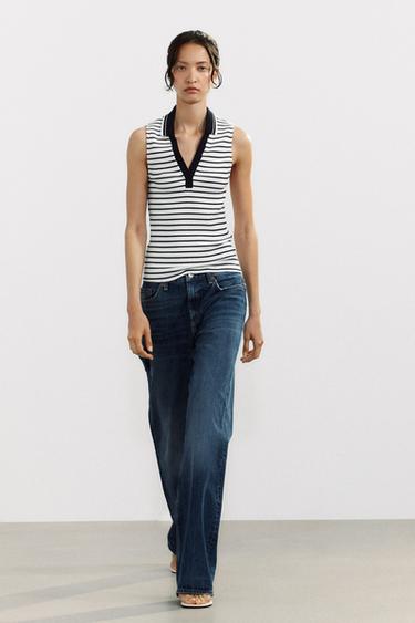 Zara RIBBED POLO - Navy / White