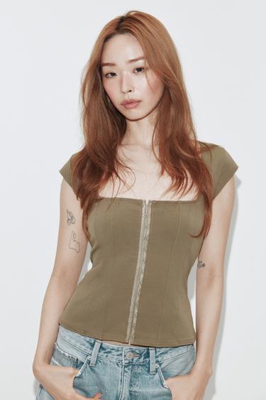 СТРЕЧ ТОП, ВДЪХНОВЕН ОТ КОРСЕТ - Тъмно каки от Zara