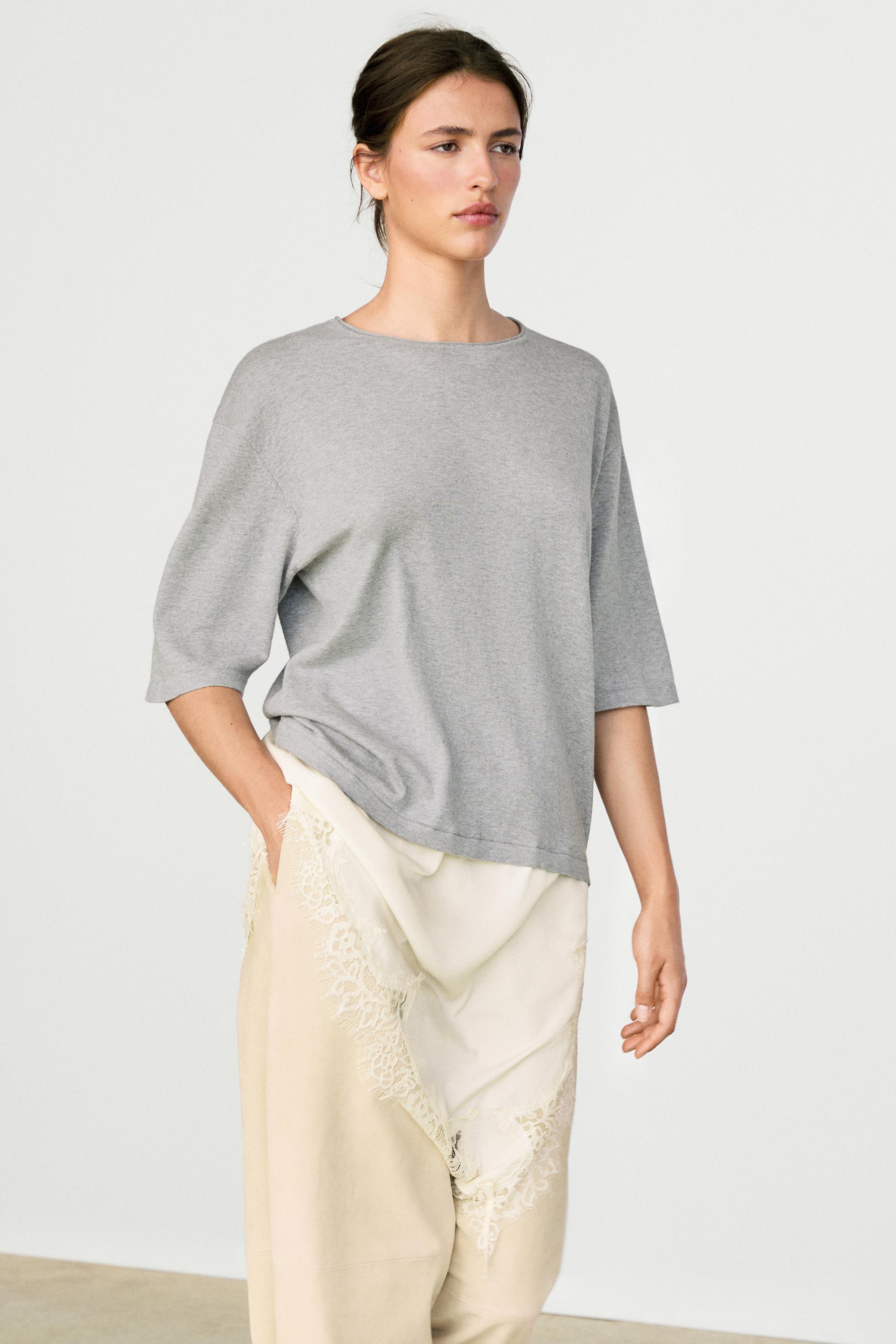 Sweater with contrast lace detail — Mid-gray
