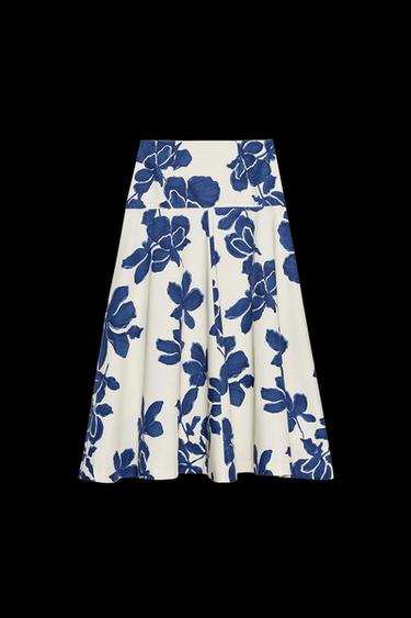 FALDA MIDI FLORES ZW COLLECTION - Crudo / Azul de Zara