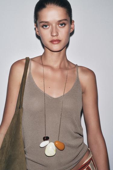 КОЛЬЄ-ЛАНЦЮЖОК З КАМІННЯМ ІЗ СМОЛИ - Золотий Zara