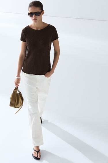 Cotton blend short sleeve knit sweater — Chocolate 1