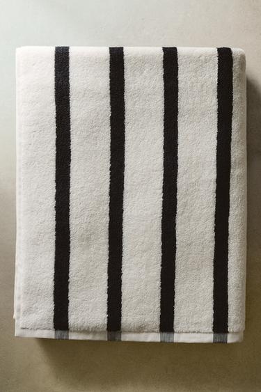 TOALHA DE PRAIA DE ALGODÃO LISTRADA - Cru / Azul-marinho da Zara