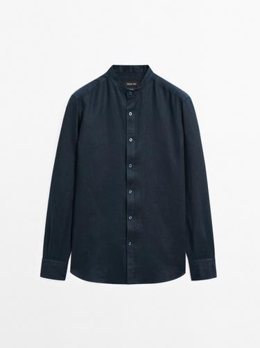 Zara 100% linen stand collar shirt - Navy blue - Image 0
