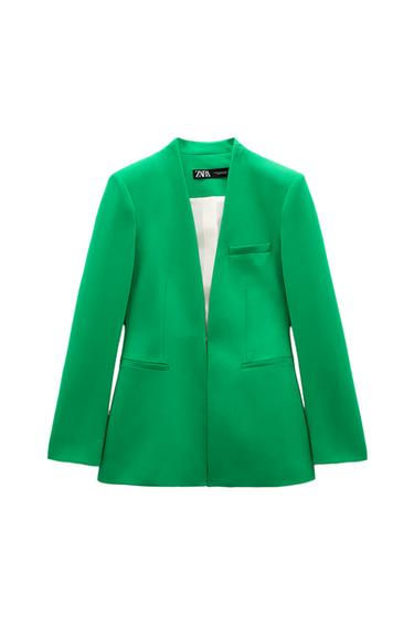 Front view of green jacket with lapels and front pockets.