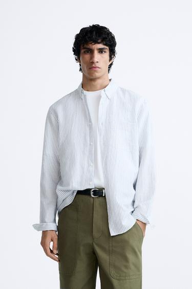 COTTON - LINEN SHIRT - White / Sky blue by Zara