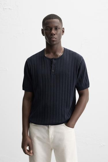 BUTTON-NECK KNIT T-SHIRT - Navy blue by Zara