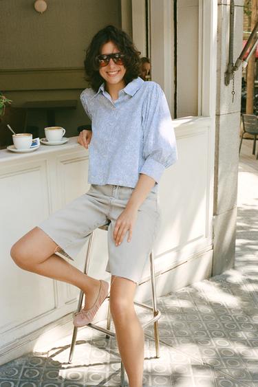 Zara 條紋花卉印花襯衫 - 藍色 / 白色