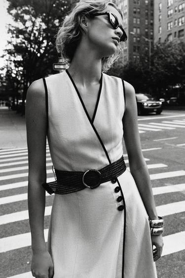 LINEN BLEND MIDI DRESS WITH BELT - Light beige by Zara - Image 3