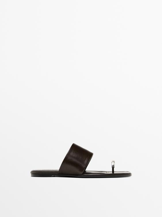 Leather flat slider sandals with ring detail