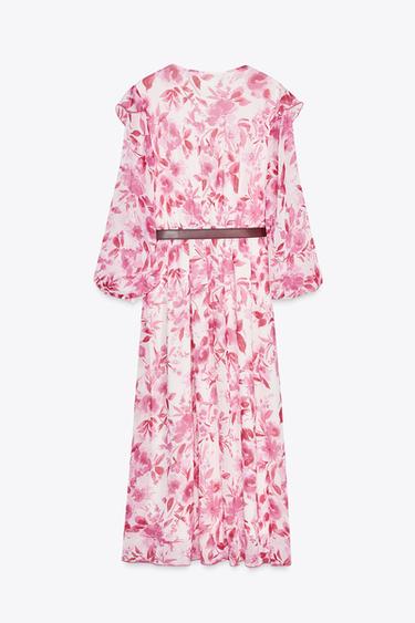 PRINTED MIDI DRESS WITH BELT - Pink / White by Zara - Image 4
