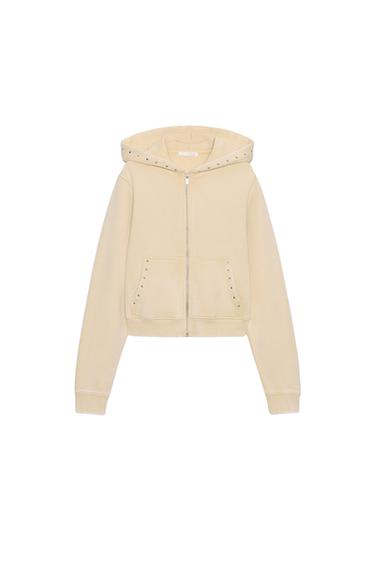 Zara STUDDED HOODIE SWEATSHIRT - Butter