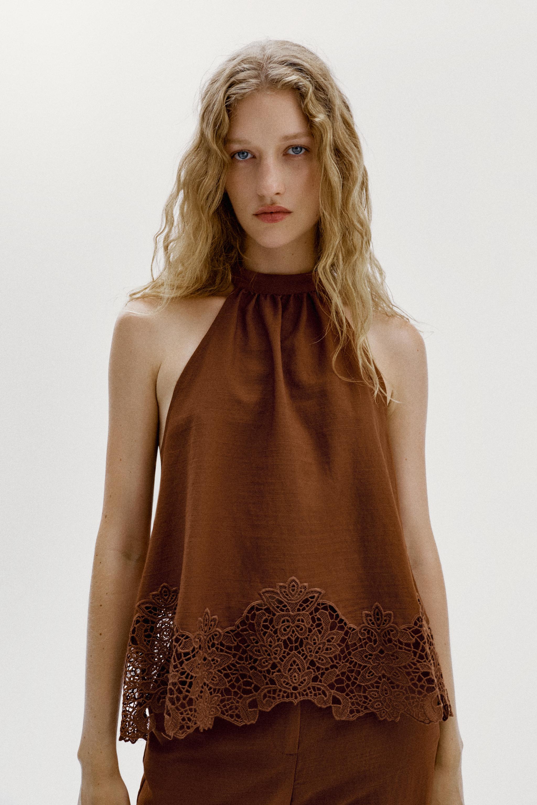 Женские рубашки Zara EMBROIDERED EYELET HALTER TOP — фото 2