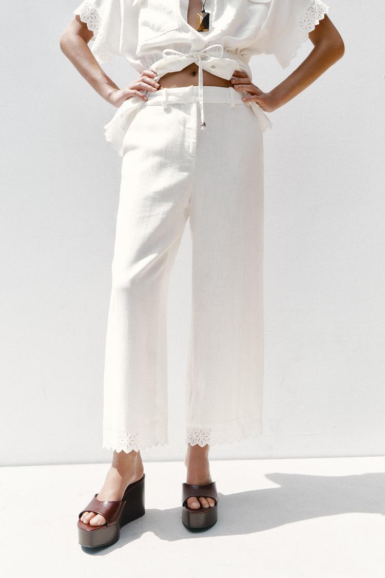 PANTALON AVEC RAMIE ET DENTELLE EN BAS Blanc cassé ZARA France