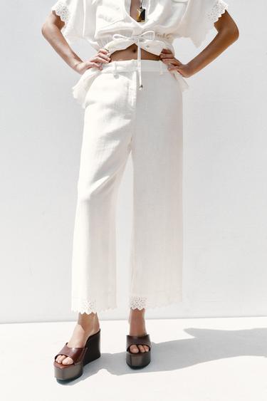 Zara 苧麻蕾絲下襬長褲 - 磨白色 - 圖片 0
