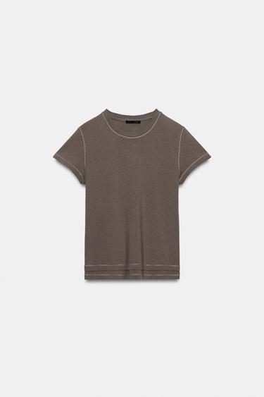 DOUBLE EFFECT SHORT SLEEVE T-SHIRT - Chocolate by Zara