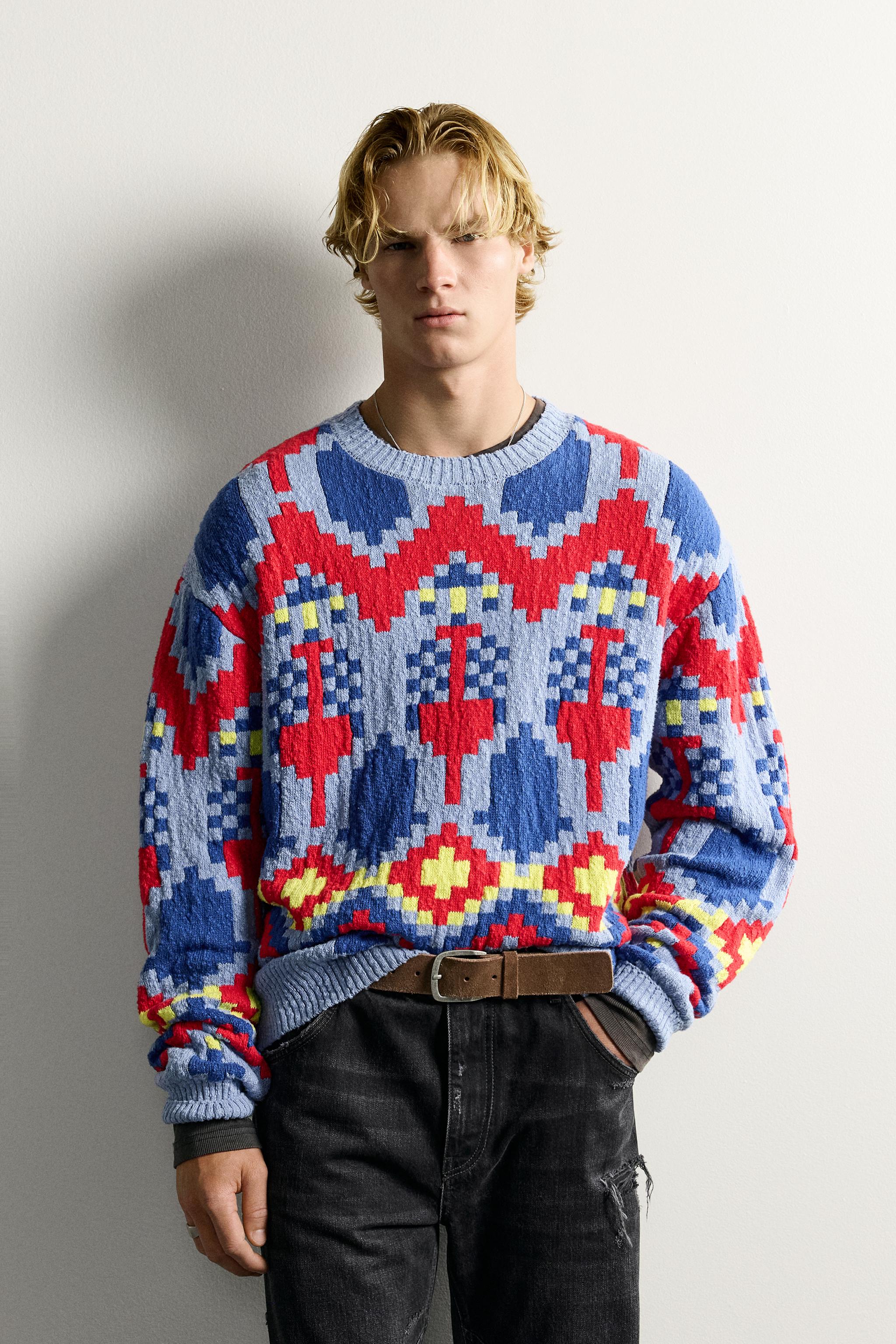 GEOMETRIC JACQUARD RELAXED FIT SWEATER — Light blue
