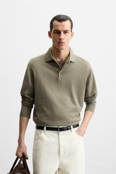 TRICOT POLO VAN KATOEN - Kaki van Zara
