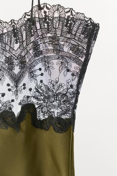 ROBE MIDI SATINÉE DENTELLE - Vert de Zara - Image 4