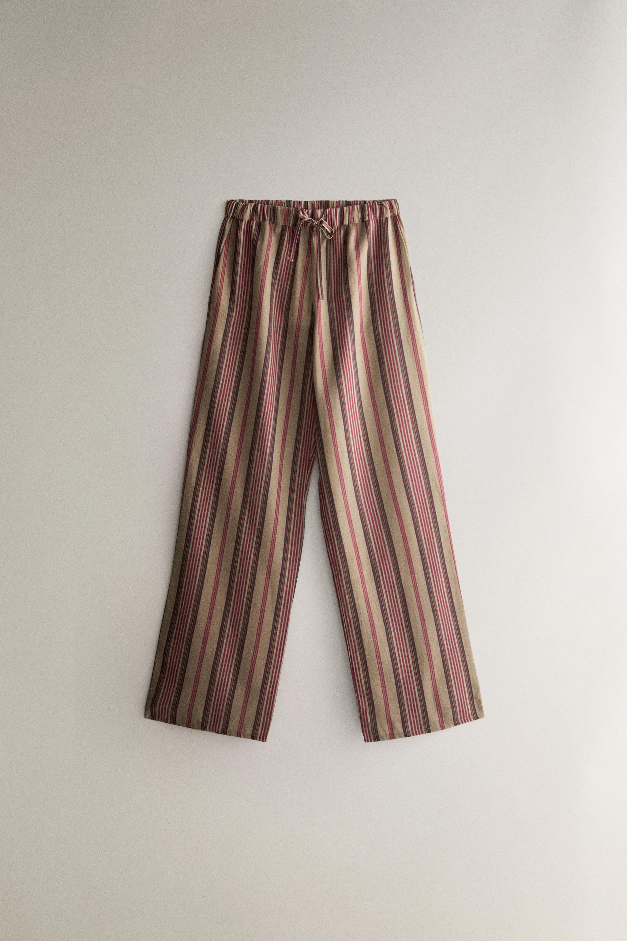 COTTON LINEN STRIPED TROUSERS | KATHARINE POLE — Dark red