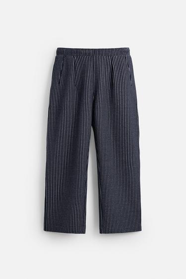 Zara RELAXED FIT SEERSUCKER PANTS - Navy / White