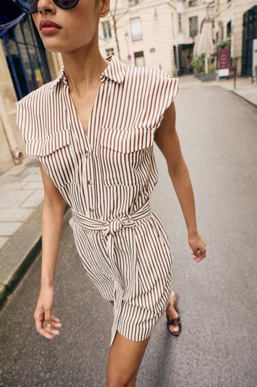 COMBINAISON COURTE À RAYURES ET CEINTURE - Marron de Zara - Image 4