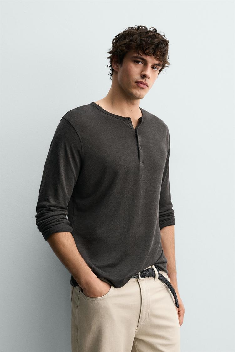 ZARA LINEN BLEND HENLEY T-SHIRT