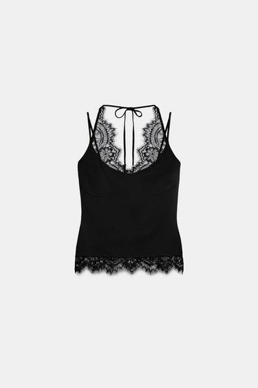 Zara MIXED LACE HALTER TOP - Black