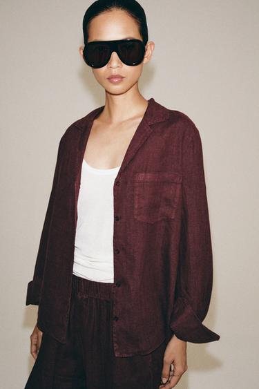Zara 100% LINEN POCKET SHIRT ZW COLLECTION - Wine