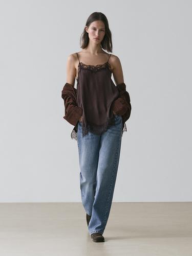 Zara Camisole top with contrast lace detail - Brown