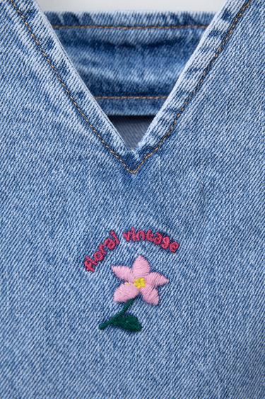 ROBE-SALOPETTE EN DENIM FLEURS BRODÉES - Bleu de Zara - Image 3