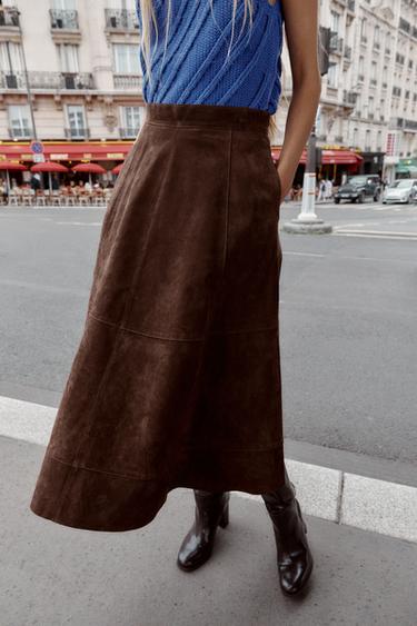 FALDA CAPA PIEL ANTE 100% - Marrón oscuro de Zara