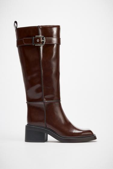 Zara TOPSTITCHED HIGH-SHAFT BOOTS - Burgundy Red