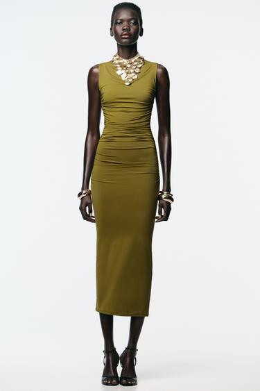 Zara SEASHELL POLYAMIDE DRESS - Olive green