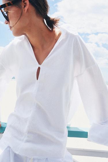 ZW COLLECTION FRAYED SHIRT WITH LINEN BLEND - White by Zara